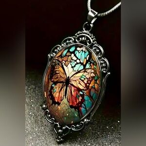 Elegant Butterfly Glass Pendant Necklace with Black Frame -Oval Time Gem Jewelry